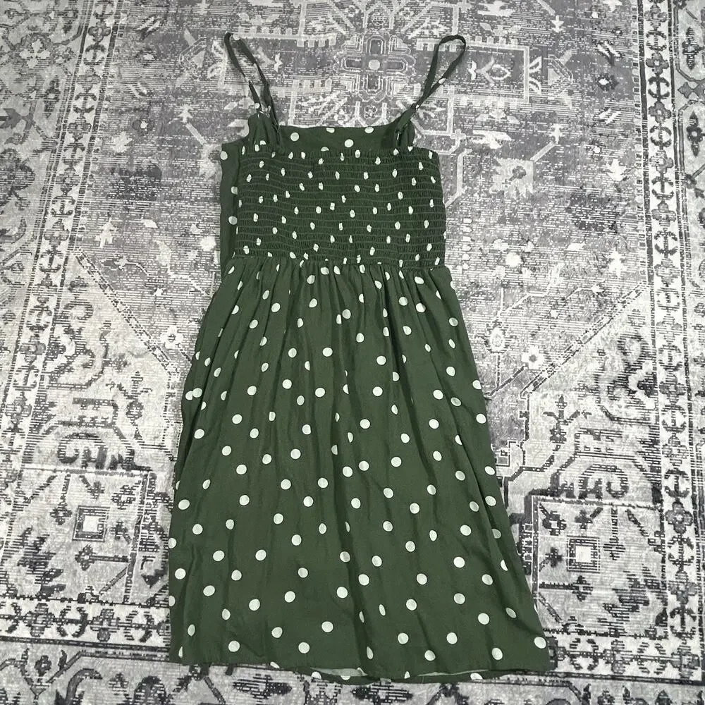 Aéropostale Green White Polka Dot Ruched Midi Dress XS Smocked Back - Picture 2 of 8